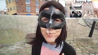 Walk with Cum on Face, Facial Cumshot Outdoors in a Public Place