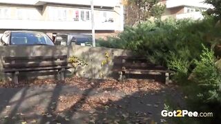 Brunette Hottie Takes Huge Long Piss On Bench In Public