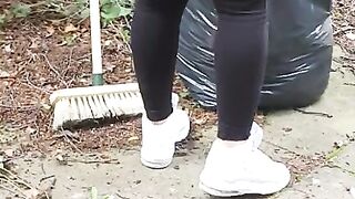 Step Mom Fuck with Step Son and Cumshot on Leggings in the back Garden