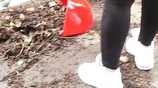 Step Mom Fuck with Step Son and Cumshot on Leggings in the back Garden