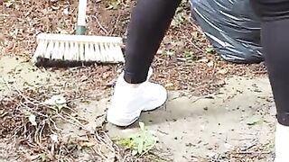 Step Mom Fuck with Step Son and Cumshot on Leggings in the back Garden