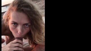 Public Sex on the Beach - he couldn't last long while she is riding him! Amelie Lei, blonde, Cowgirl, Blowjob, Cumshot, Outdoor