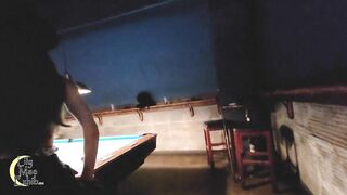 Tiny skirt and no panties was a big hit at the pool hall!