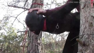 Tied up to a tree outdoor on sexy clothes, wearing pantyhose and high ankle boots heels, rough fuck