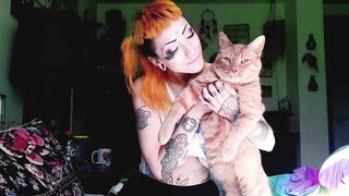 Tattooed milf is convinced to show off and play with her big fat hairy pussy