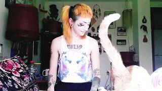 Tattooed milf is convinced to show off and play with her big fat hairy pussy