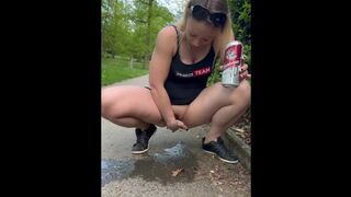 Walking with anal plug and piss on the path