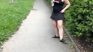 Walking with anal plug and piss on the path