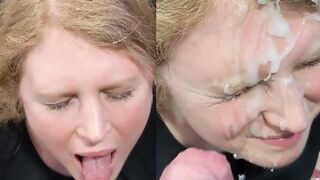 Huge Load on a cute amateur redhead wife's face