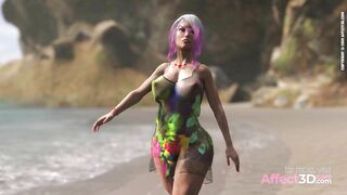 Big tits babe masturbating while futa babes fucking on the beach in a 3D Animation