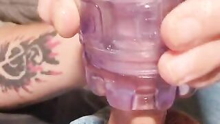 Hot tattoo guy uses flesh light with big cumshot.