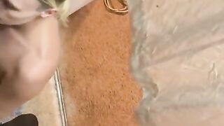 POV blowjob sucks my dick in the closet after work.