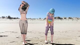 Cute futanari girl fucks her friend on the beach while getting undressed