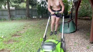 Mowing Grass Topless (Head Unfortunately Cut Off)