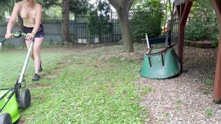 Mowing Grass Topless (Head Unfortunately Cut Off)