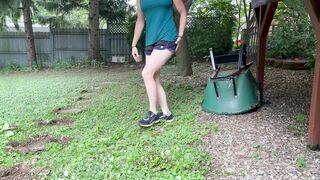 Mowing Grass Topless (Head Unfortunately Cut Off)