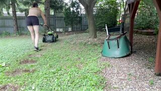 Mowing Grass Topless (Head Unfortunately Cut Off)