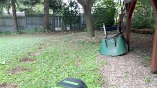 Mowing Grass Topless (Head Unfortunately Cut Off)