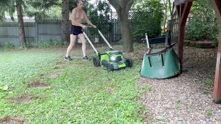 Mowing Grass Topless (Head Unfortunately Cut Off)