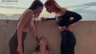 Mistresses Agma And Sofi Spit On Slave-Girl On A Public Balcony - Lezdom Spitting