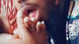 Ebony teen with pretty feet getting her toes licked and sucked on