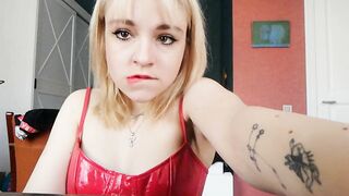 Homemade striptease in leather red clothes and showing off my sexy holes