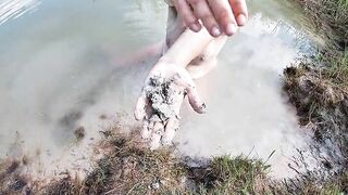 Unshaved Brunette Rubbing her Pussy with a Mud