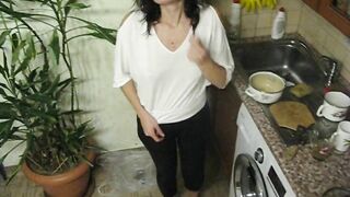 Hot Russian MILF sucks passionately in the kitchen and gets a load of cum in her deep throat