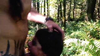 Very rough throat fuck with ring gag for submissive in the public forest