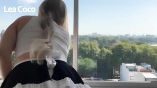 Sexy hot housekeeping girl farting to your face and cleaning the window