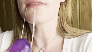 RoseThorneQOS takes a purple double dildo DEEP in her throat