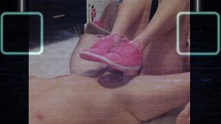 Sexy slutty milf gives slippery shoe job in pink nikes to big cock