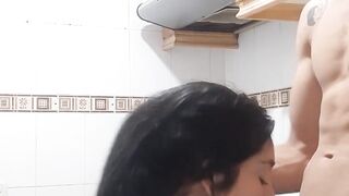 My stepmother's godson is in the kitchen, I seduce him, we kiss and I give him a wonderful blowjob