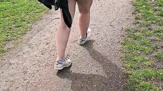 Flashing my tits and showing off my wet pussy while going on a walk through a crowded public park