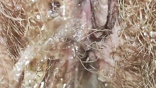 Big Hairy Mommy's Pussy Peeing and little Farting Closeup