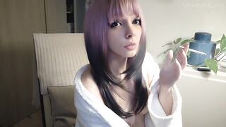 Small titties gamer in bathrobe smoking (ask me for full vid)