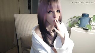 Small titties gamer in bathrobe smoking (ask me for full vid)